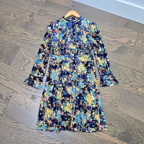 Dalia Macphee Burnout Floral Velvet Metallix Ruffle Runway Dress in Navy - Picture 12 of 16